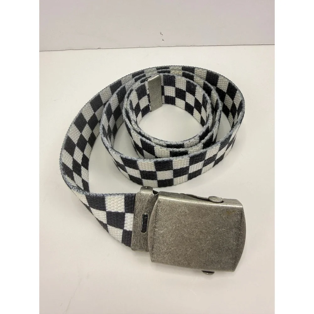 Brandy Melville Black White Checkered Canvas Web Belt Silver Flip Buckle OS
